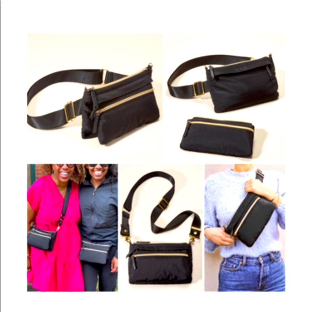 :: Stella & Dot 4-in-1 Zip-it Convertible Crossbody/Belt/Fanny Bag Black & Gold